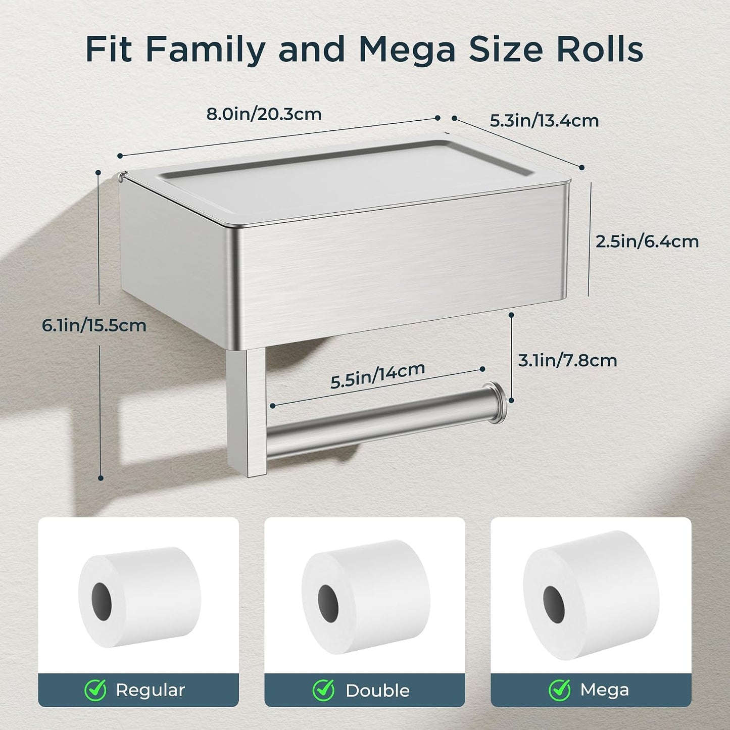 FORIOUS Toilet Paper Holder with Shelf, Wall-Mounted Modern Wipes Dispenser | Brushed Nickel | Toilet Paper Holder with Storage for Bathroom | Fits Wipes, Sanitary Napkin, Tampon | 8.0"x5.3" Large Shelf