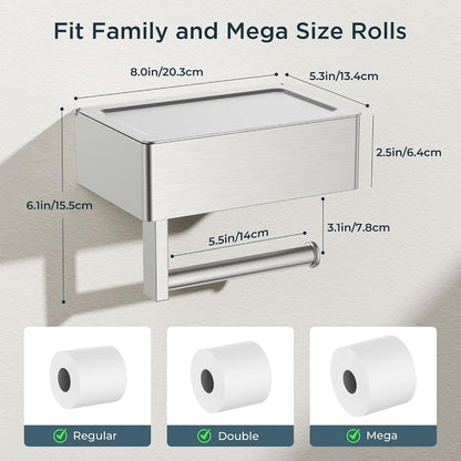 FORIOUS Toilet Paper Holder with Shelf, Wall-Mounted Modern Wipes Dispenser | Brushed Nickel | Toilet Paper Holder with Storage for Bathroom | Fits Wipes, Sanitary Napkin, Tampon | 8.0"x5.3" Large Shelf