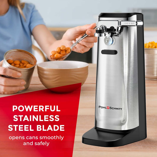 POHL SCHMITT Electric Can Opener, Knife Sharpener & Bottle Opener | Easy Push Down Lever, Works with Standard And Pop-Top Cans, Durable Stainless Steel & ABS, Kitchen Essentials and Accessories