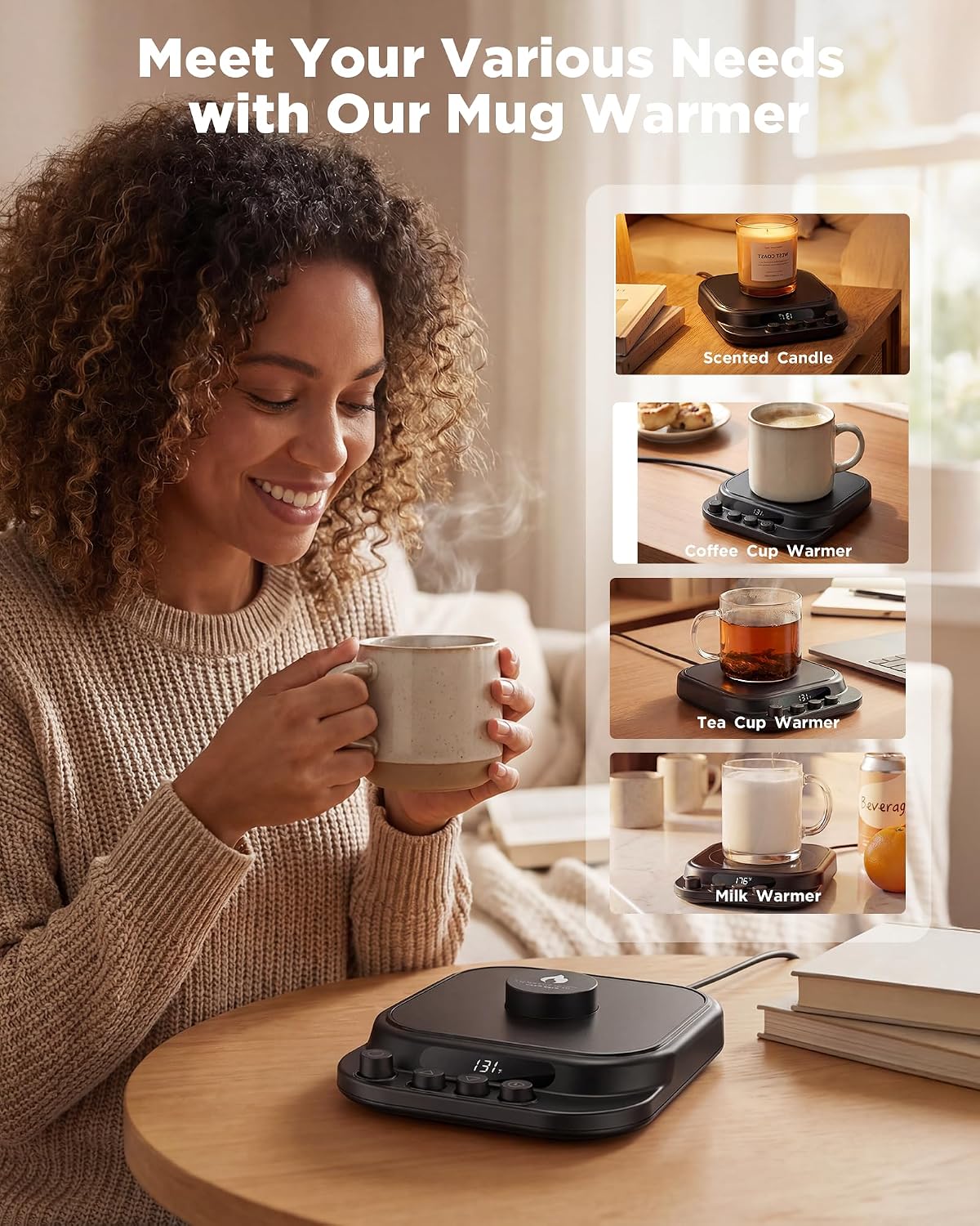 Coffee Mug Warmer for Desk with 7 Temperature Settings, 1–12 Hour Timer, Gravity Sensor and Auto Shutoff, Cup and Candle Warmer for Coffee, Tea and Milk, Black