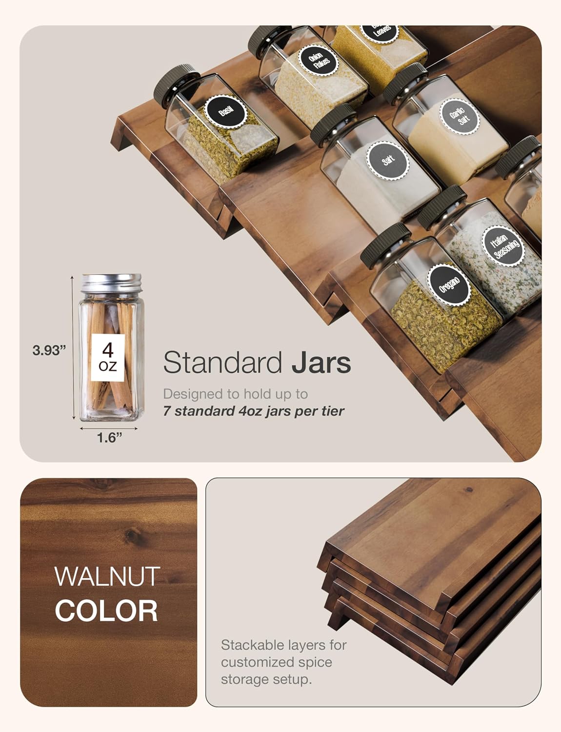 Tinamo Acacia Wood 4-Tier Spice Rack Organizer for Cabinet, Pack of 8 Pcs | Solid Acacia Wood Construction, No assembly, Stackable 4-tray design, Spacious for up to 64pcs 4oz Jars, Easy to Clean