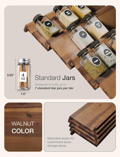 Tinamo Acacia Wood 4-Tier Spice Rack Organizer for Cabinet, Pack of 8 Pcs | Solid Acacia Wood Construction, No assembly, Stackable 4-tray design, Spacious for up to 64pcs 4oz Jars, Easy to Clean