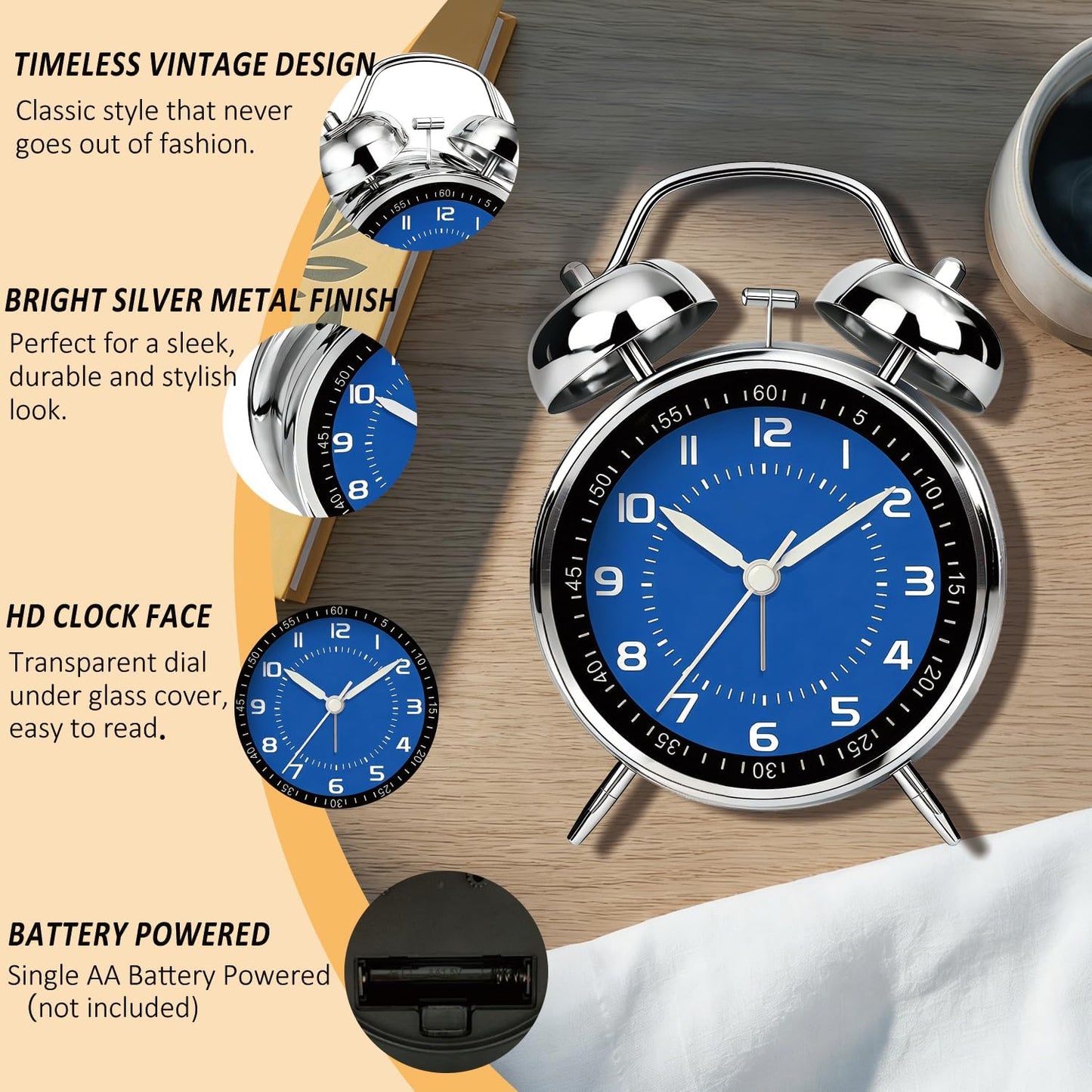 4.5" Metal Loud Alarm Clock for Heavy Sleepers Adults, Analog Battery Operated Alarm Clock with Bells Glow in Dark Numbers, Silent Old School Bedside Desk Clock for Bedroom Office Kids, Black