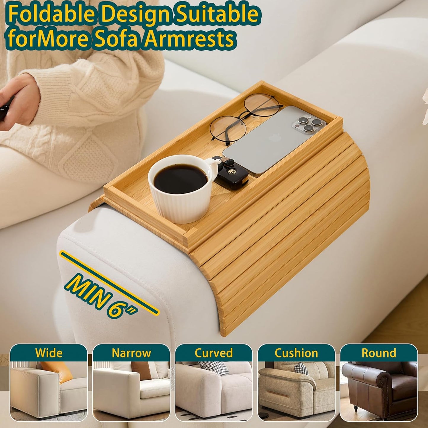 Bamboo Couch Arm Tray Table，Foldable Sofa Armrest Tray Table for Couch，Flexible and Anti-Slip Couch Arm Cup Holder，Portable Sofa Arm Chair Table for Drink,Cups, Eats，Snacks, Phone, Remote