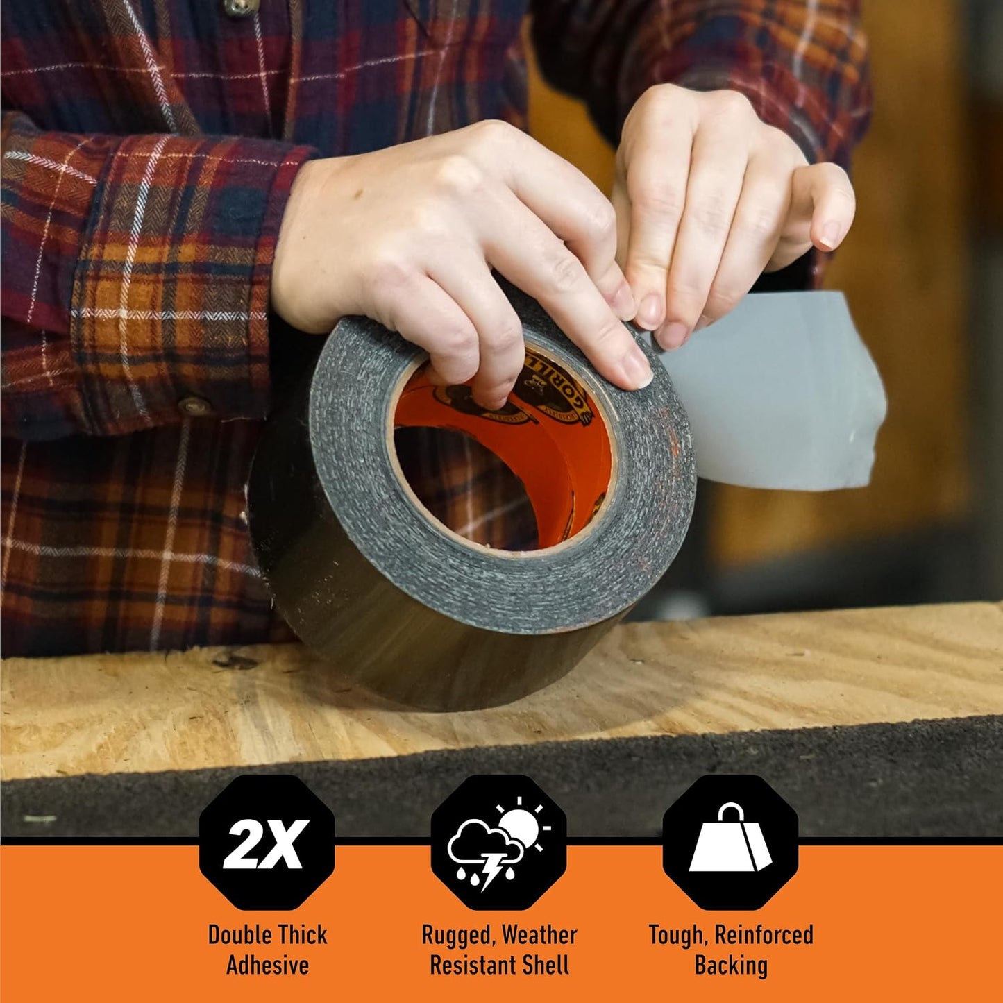 Gorilla Tough & Wide Heavy Duty Duct Tape, Black, 2.88" x 25 yd, 1-Pack | Weather Resistant, Indoor & Outdoor Use, Double-Thick Adhesive, Reinforced Backing, Hand-Tearable