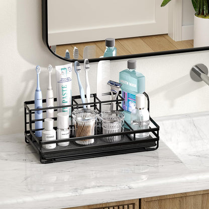 HapiRm Toothbrush Holders for Bathroom - 5 Partitions Bathroom Counter Organizer with Instant Drying Stone, Stainless Steel Countertop Storage Electric Toothbrush Toothpaste Holder - Black