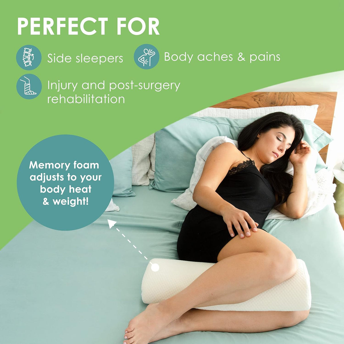 Cushy Form Bolster Pillow for Lumbar and Leg Support - 22.1 x 8.7 x 5.1 Inches Half Moon Memory Foam Cushion for Stomach, Back & Side Sleepers - Roll Pillows for Back and Neck w/Washable Cover