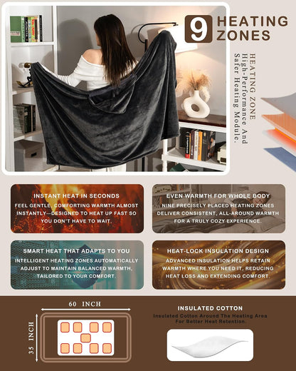 Cordless Heated Blanket Battery Powered; USB Wearable Portable Heated Throw Blanket with Hood, 20000 mAh Battery, 9 Heating Zone, 3-Level; Portable Heated Shawl Cordless; Camping