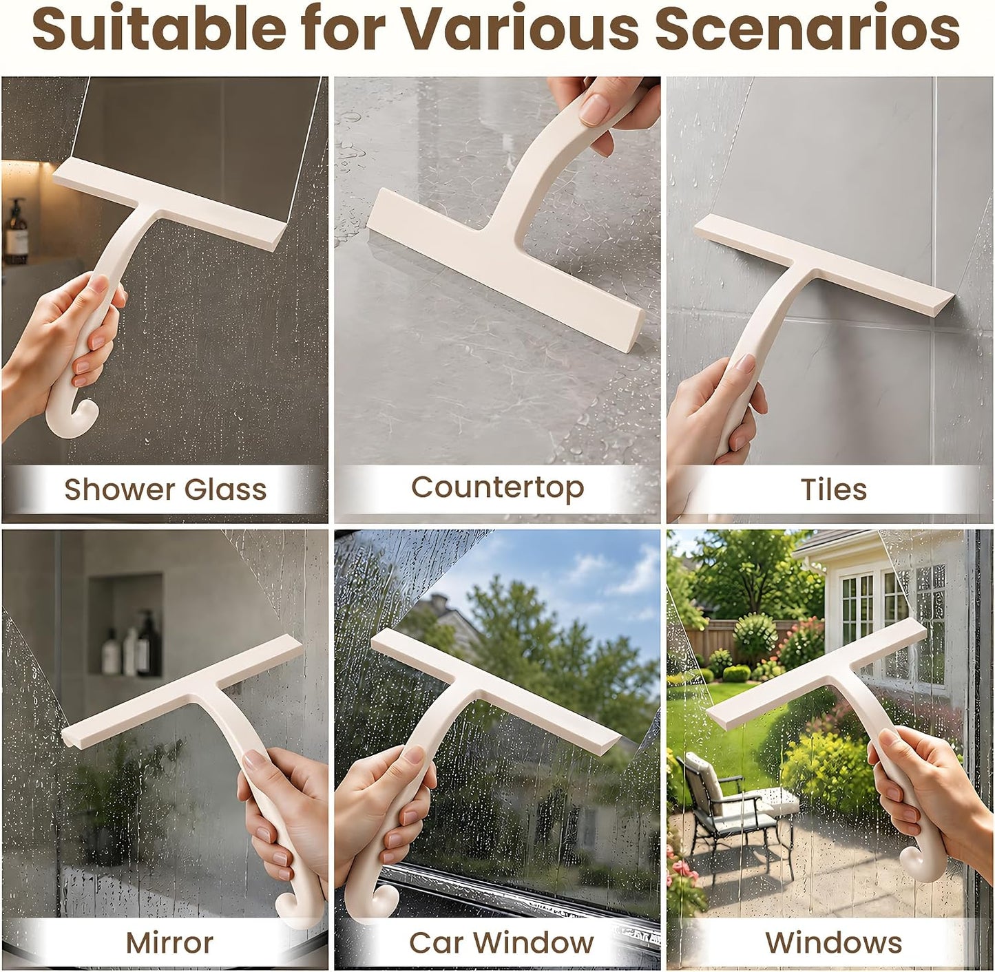 10 Inch Silicone Shower Squeegee for Glass Doors, Streak-Free, Black | No-Squeak Silicone Blade, Ergonomic Round Grip and Built-In Hook for Quick Daily Cleaning of Shower Glass, Tile and Windows