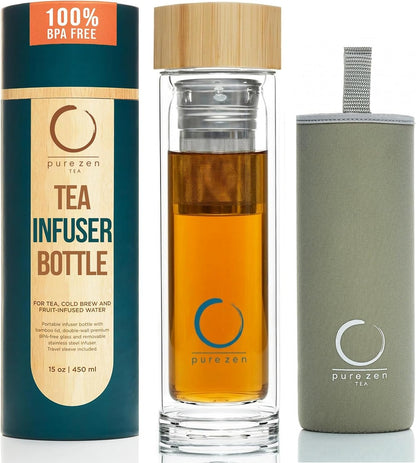 Pure Zen Tea Glass Tea Infuser Bottle, Leakproof, Tea Tumbler with Infuser | 15oz, Double Wall, Travel Sleeve, Extra-fine Stainless Steel Filter, Bamboo Lid, Gift-ready Packaging, Extra-thick Glass