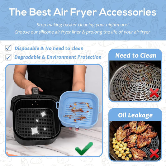 Silicone Air Fryer Liners Square - Reusable Airfryer Collapsible Basket - Easy to Clean Air Fryers Pot for 5.8 to 8 Qt Baking Tray Oven Accessories, 8.5 Inch Large