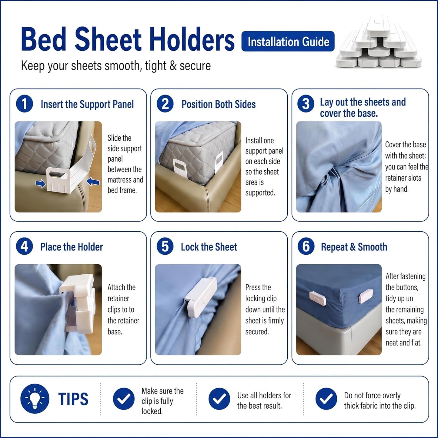 The Original Patented Fitted Sheet Holders - 4 Bed Sheet Grippers 10 Sheet Locks (8 + 2 Spares) Bed Sheet Holders For Corners, Clips, No Metal Corner Sheet Grippers Easily Say Goodbye To Loose Sheets