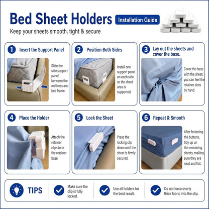 The Original Patented Fitted Sheet Holders - 4 Bed Sheet Grippers 10 Sheet Locks (8 + 2 Spares) Bed Sheet Holders For Corners, Clips, No Metal Corner Sheet Grippers Easily Say Goodbye To Loose Sheets