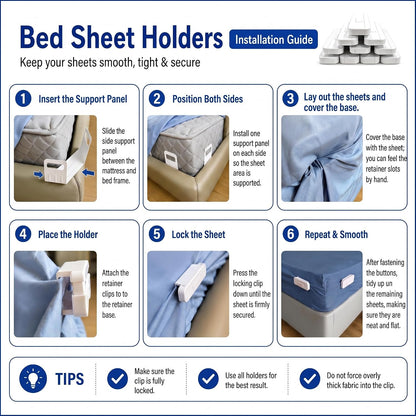 The Original Patented Fitted Sheet Holders - 4 Bed Sheet Grippers 10 Sheet Locks (8 + 2 Spares) Bed Sheet Holders For Corners, Clips, No Metal Corner Sheet Grippers Easily Say Goodbye To Loose Sheets