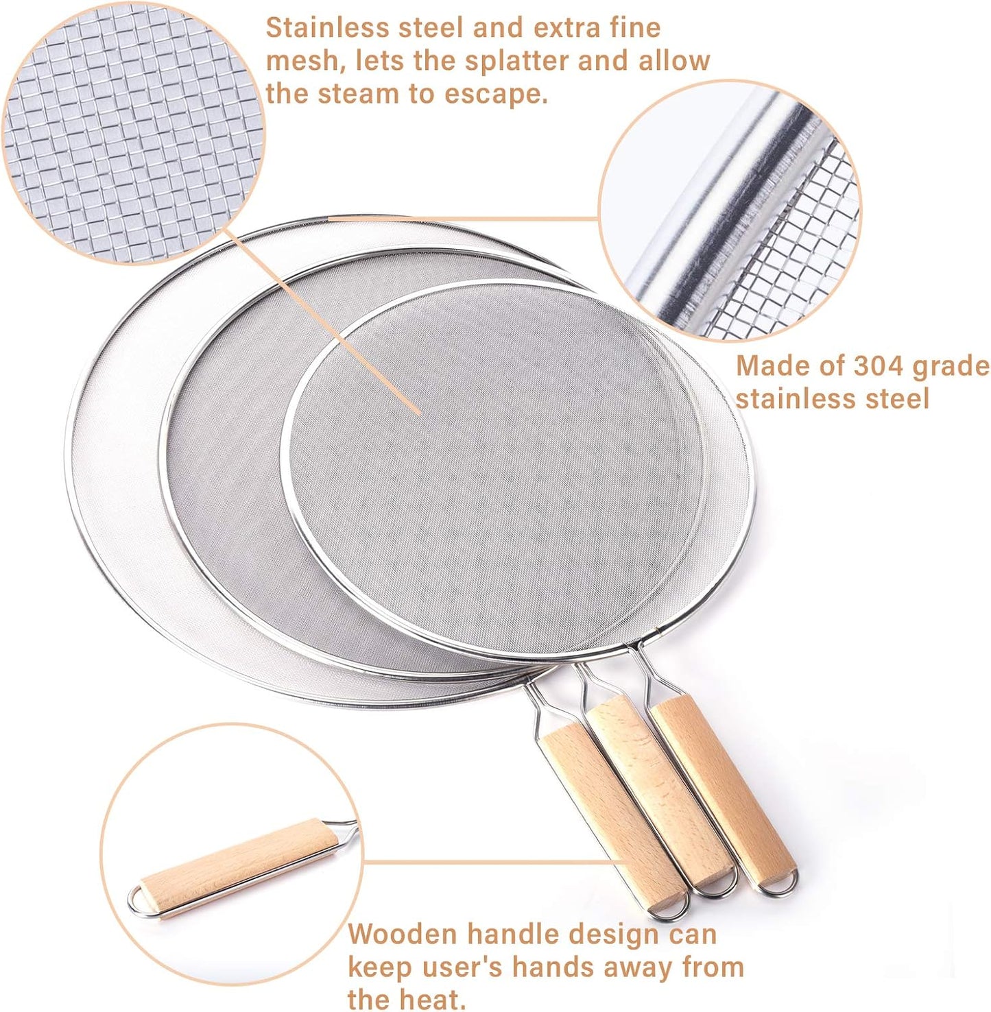 3PCS Grease Splatter Screen for Frying Pan,Stainless Steel Grease Guard | Grease Splatter Guard Shield for Kitchen Frying Pan Cooking Supplies Set of 9.44", 10.8" and 12.5" inch (Wood Handle)