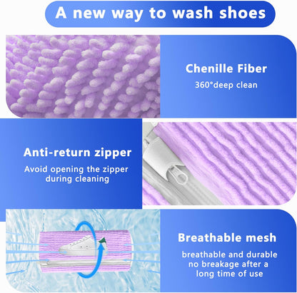 Reusable Shoe Washing Bag, 2-Pack Chenille Laundry Bag for Washer & Dryer. | Soft chenille fibers help deep clean sneakers while the hidden zipper keeps shoes secure and helps protect your washer.