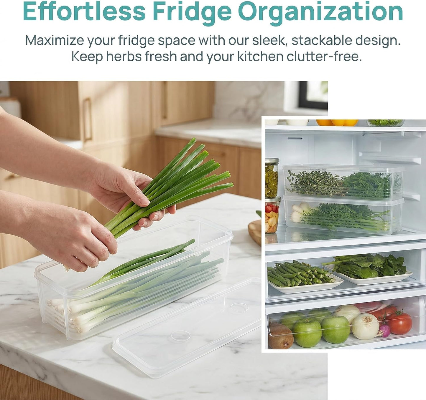 DECHOUS Long Plastic Food Storage Container with Lid for Scallions, Cilantro, Green Onions - Stackable, Airtight Clear Rectangular Food Container for Kitchen Fridge, 12x3.14x3 Inch