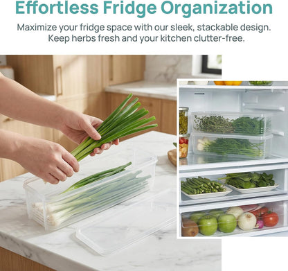 DECHOUS Long Plastic Food Storage Container with Lid for Scallions, Cilantro, Green Onions - Stackable, Airtight Clear Rectangular Food Container for Kitchen Fridge, 12x3.14x3 Inch