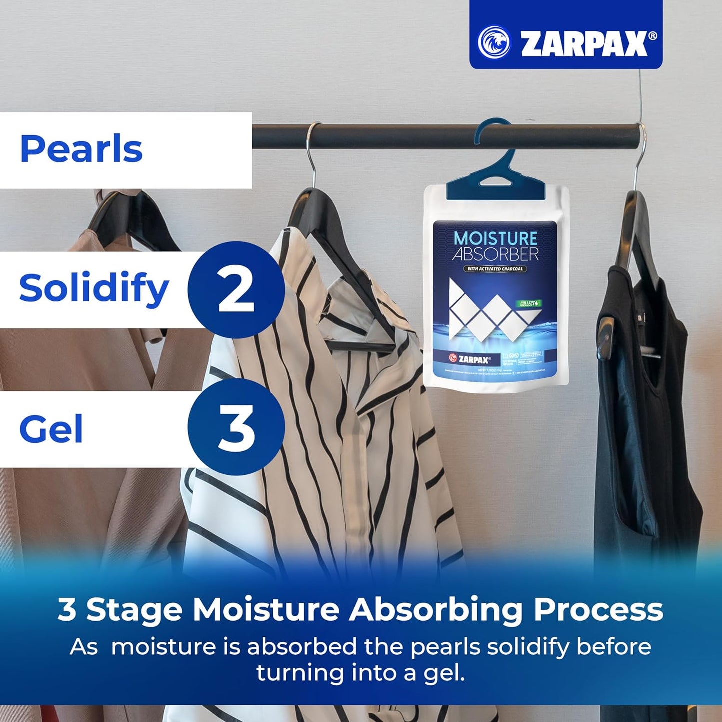 Zarpax Moisture Absorber Sachets Activated Charcoal 7.5 oz/212g - Remove Excess Moisture In Air & Odor - Desiccant Dehumidifier for Closet, Drawer, Storage - Dampness & Humidity Control - Set of 5