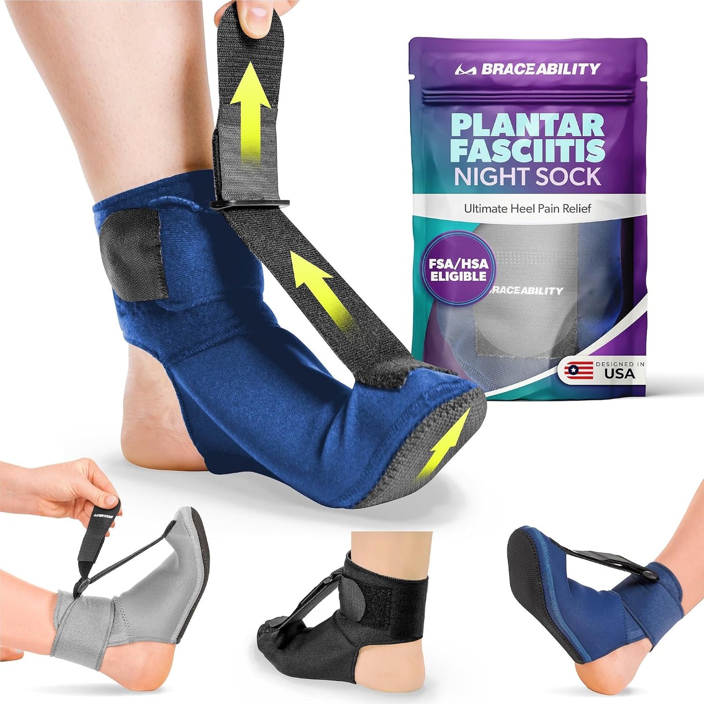 BraceAbility Plantar Fasciitis Night Splint Sock - Plantar Fascia Boot for Sleeping, Achilles Tendonitis Relief, Foot Drop, Heel Pain - Planter Facetious Brace for Women and Men - Gray (L)