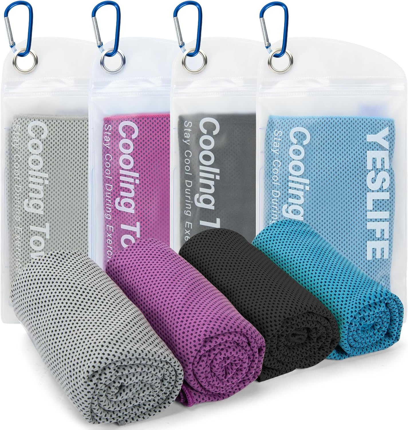 YESLIFE Cooling Towels, 4-Pack 40"x12", Multicolor Set A | Microfiber gym towels, soft breathable neck wrap, cooling towel for yoga running sport camping, Multicolor, 4-pack