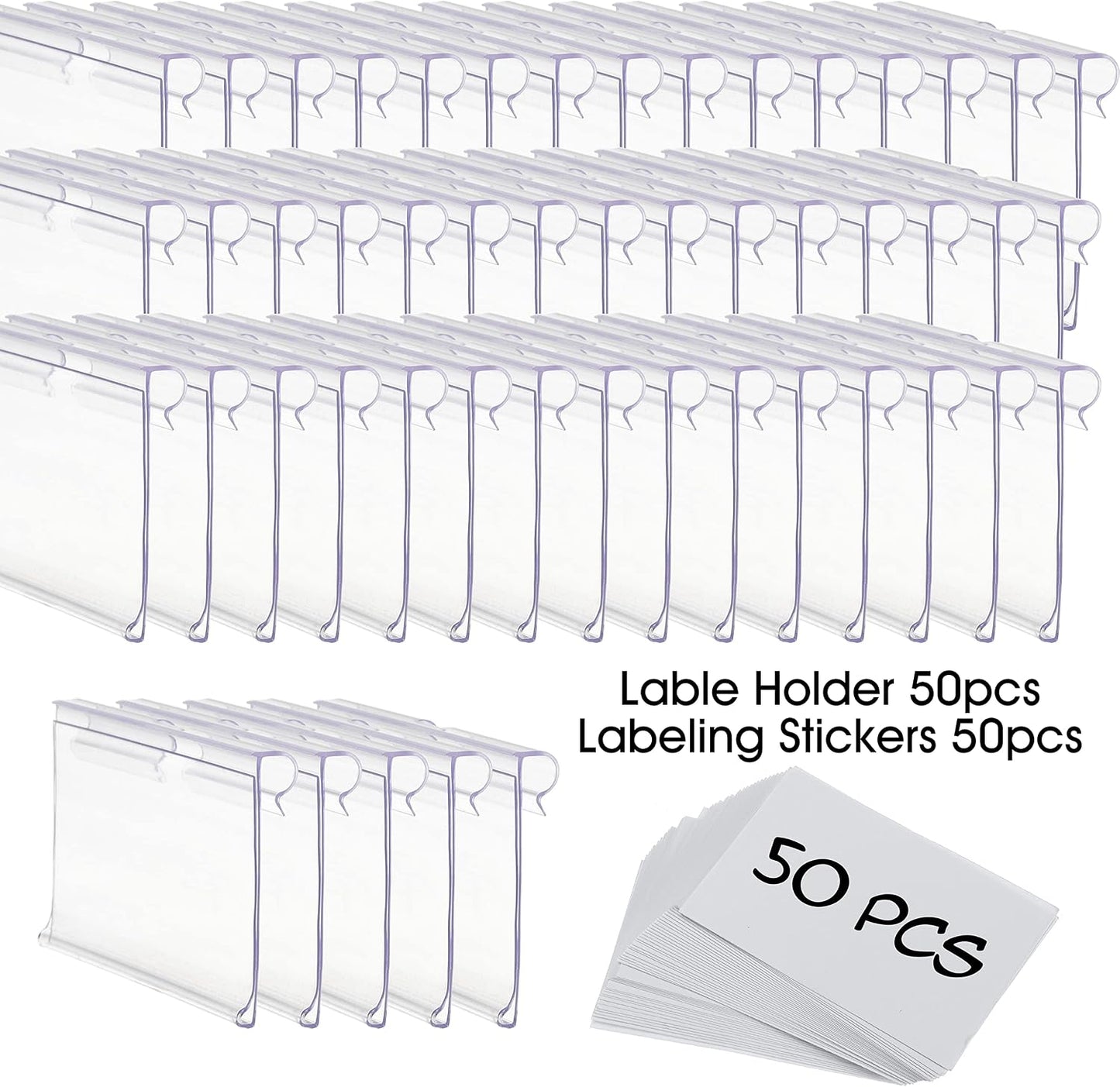 50pcs Labels for Storage Bins Plastic Label Clip, Basket Labels Clip On Wire Shelf Price Label Holder Merchandise Sign Display Holder, 50pcs Label Insert Included (1.96IN*1.65IN)