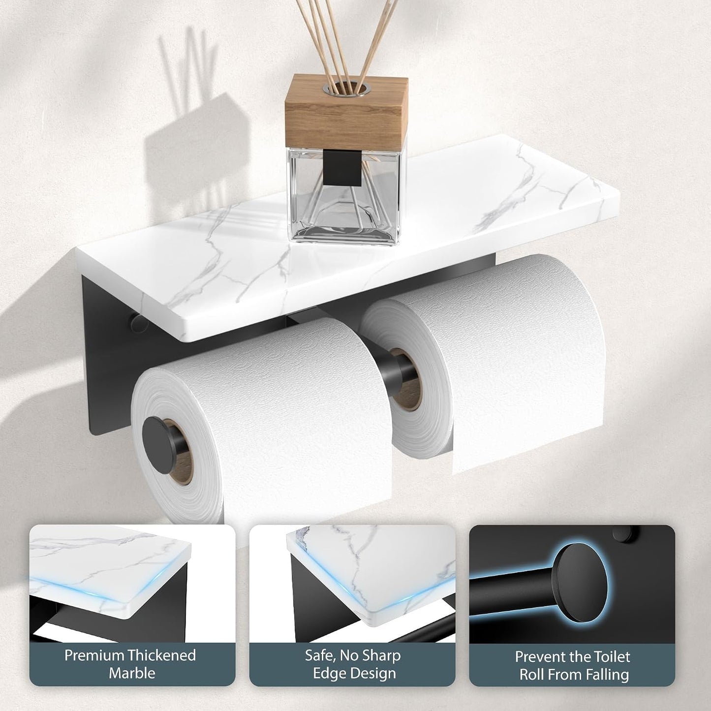 FORIOUS Toilet Paper Holder with Shelf, Natural Marble, Commercial | Brushed Nickel, Wall Mount 304 Stainless Steel Commercial Bathroom Tissue Roll Dispenser, Heavy Duty Washroom Paper Storage