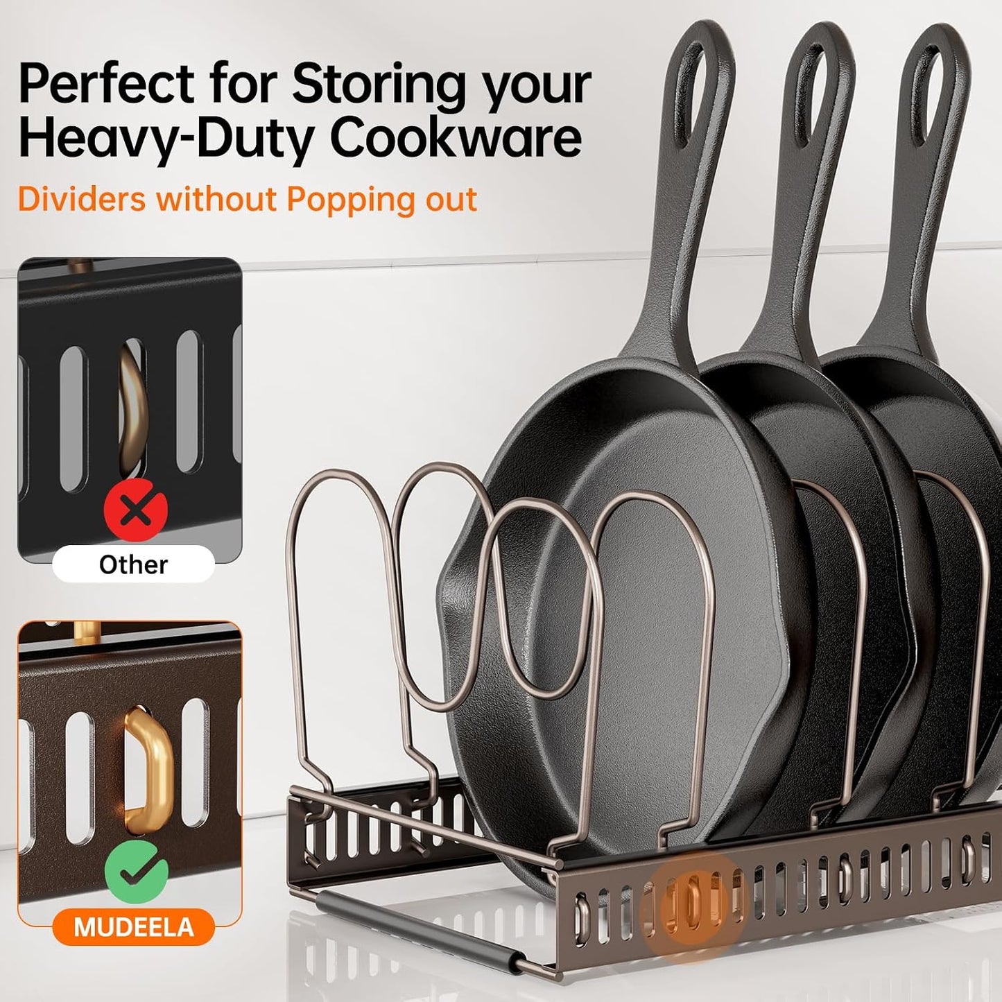 MUDEELA Expandable Pot Pan Lid Organizers inside Cabinet, 10 Divider-Black | Expandable 11.8–22.9", 10 Adjustable Divider, Tool-Free Assembly, Non-Slip, Scratch-Proof, For Pan Lid Cutting Board Bakeware