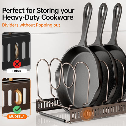 MUDEELA Expandable Pot Pan Lid Organizers inside Cabinet, 10 Divider-Black | Expandable 11.8–22.9", 10 Adjustable Divider, Tool-Free Assembly, Non-Slip, Scratch-Proof, For Pan Lid Cutting Board Bakeware