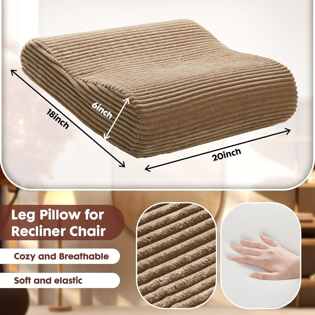 B Shape Corduroy Recliner Foot Pillow, Foam Extra Large Foot Rest Cushion with Adjustable Straps, Suitable for Bed Chair Sofa Headrest Back Lumbar Leg Support Pillow (Light Brown)