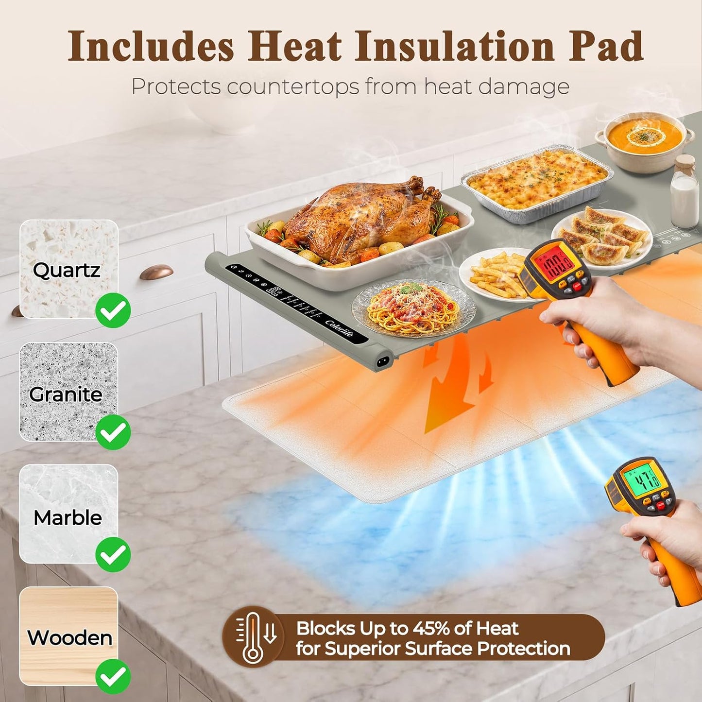 Warming Mat for Food, Electric Warming Tray with Heat-Resistant Pad-L Grey | Colorlife 6 Preset Modes, 7 Temps, 6H Timer, Child Lock, Auto-Memory, Rollable Silicone Food Warmer for Buffet, Parties