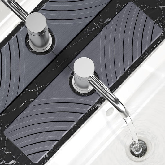 SpaceHacks Stone Faucet Mat for Kitchen Sink 23.7x4 in, Light Gray | Fast Drying Diatomite Stone Drying Mat, Water Splash Guard, Textured Drainage Sink Protector, Suits Bathroom&Kitchen Counter