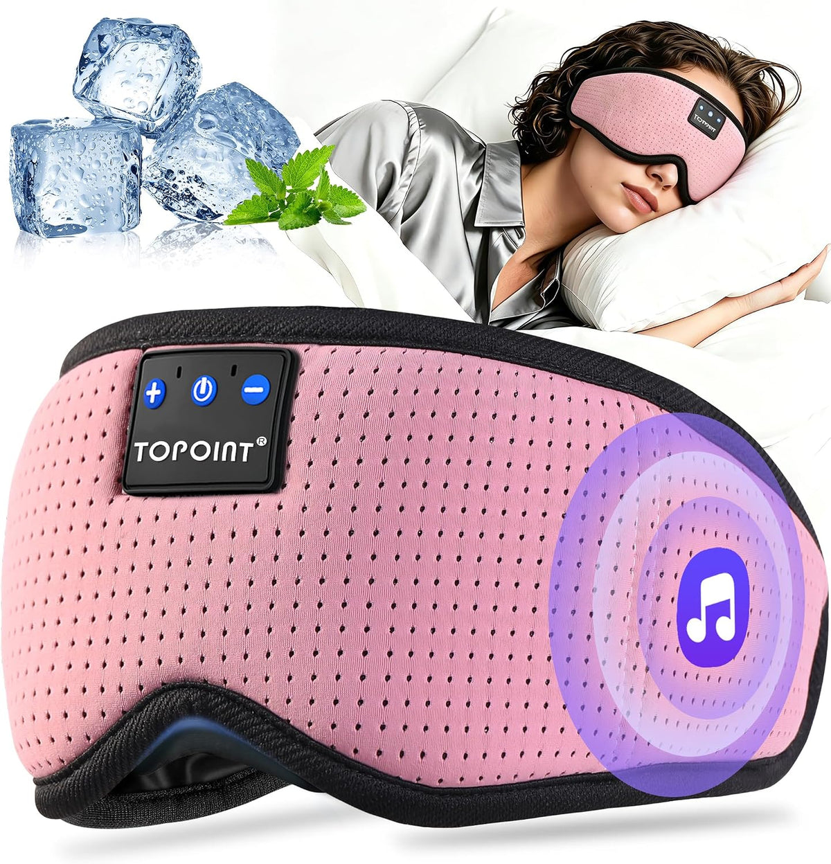 TOPOINT Sleep Mask with Bluetooth Headphones, 3D Eye Mask for Sleep Headphones with White Noise, Total Blackout, 5.4 Bluetooth, Timer, 15 Hours for Women Men, Travel, Meditation, Nap, CPAP Users