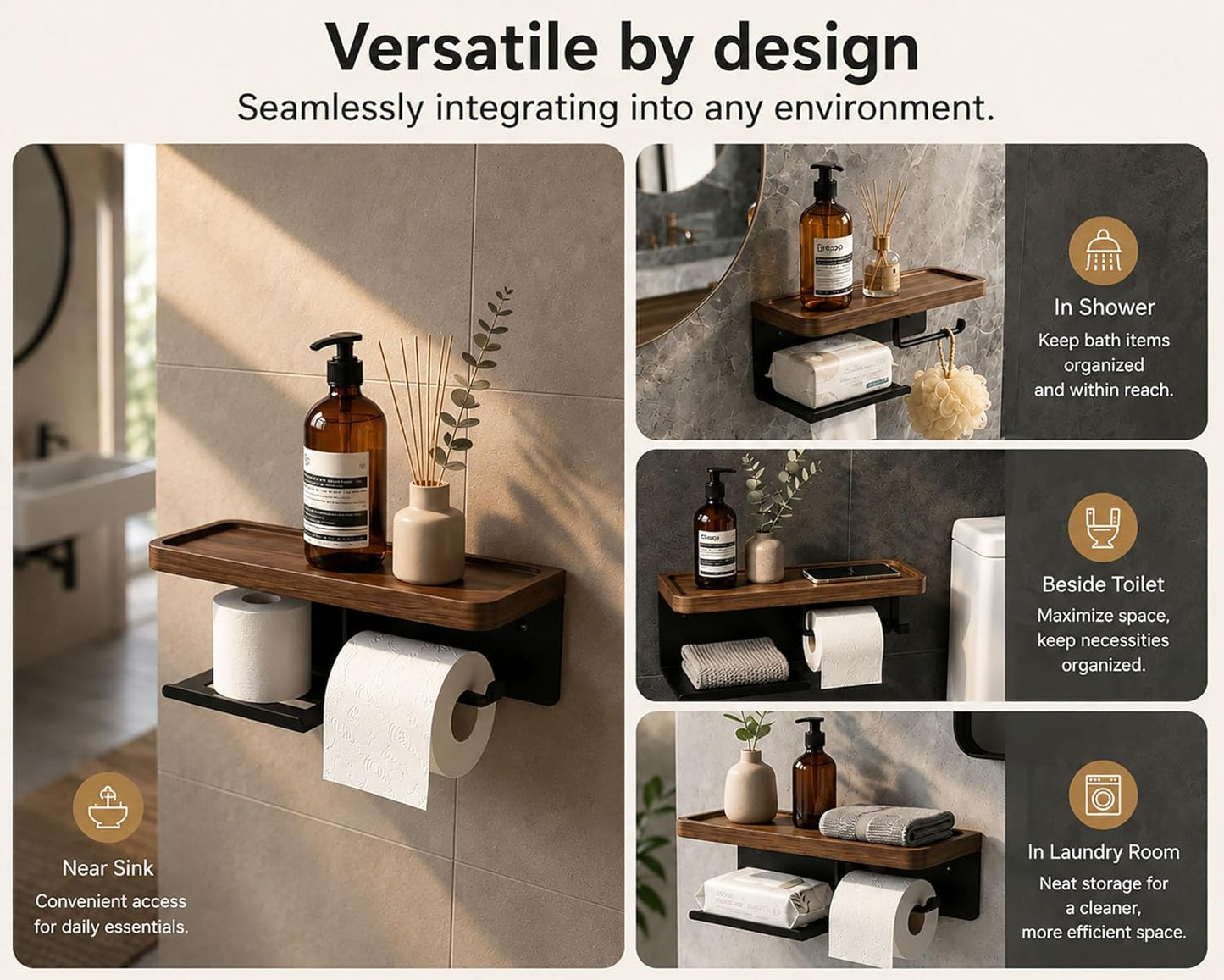 Toilet Paper Holder with Wide Walnut Shelf, Wall Mount Matte Black | 14.29 X 4.8 in Wide Solid Wood Shelf with Waterproof Finish,Rust-Resistant SUS304 Stainless Steel,Adhesive or Screw Mount