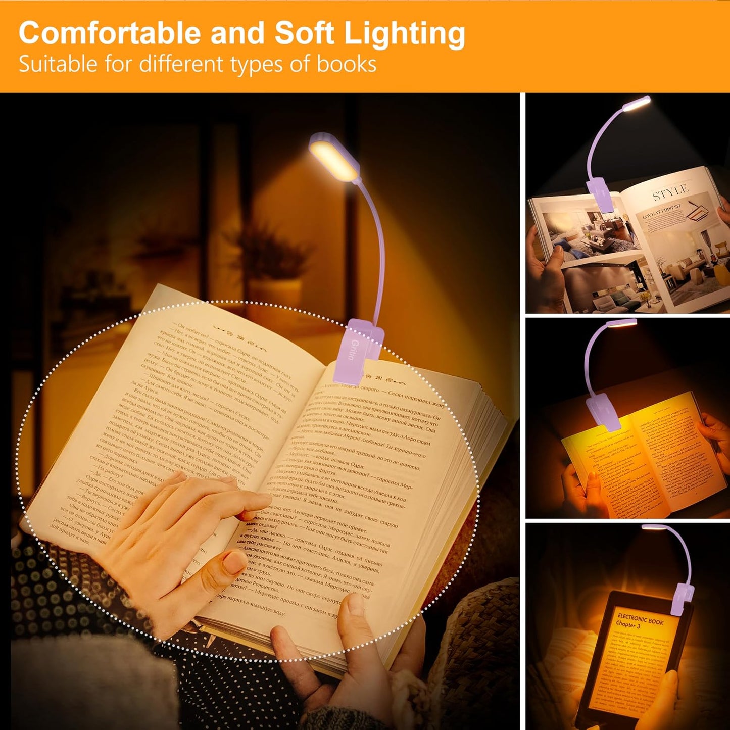 Gritin 16 LED Rechargeable Book Light for Reading in Bed | Eye Caring 3 Color Temperatures,Stepless Dimming Brightness,80 Hrs Runtime,Lightweight Flexible Clip on Light for Book Lovers