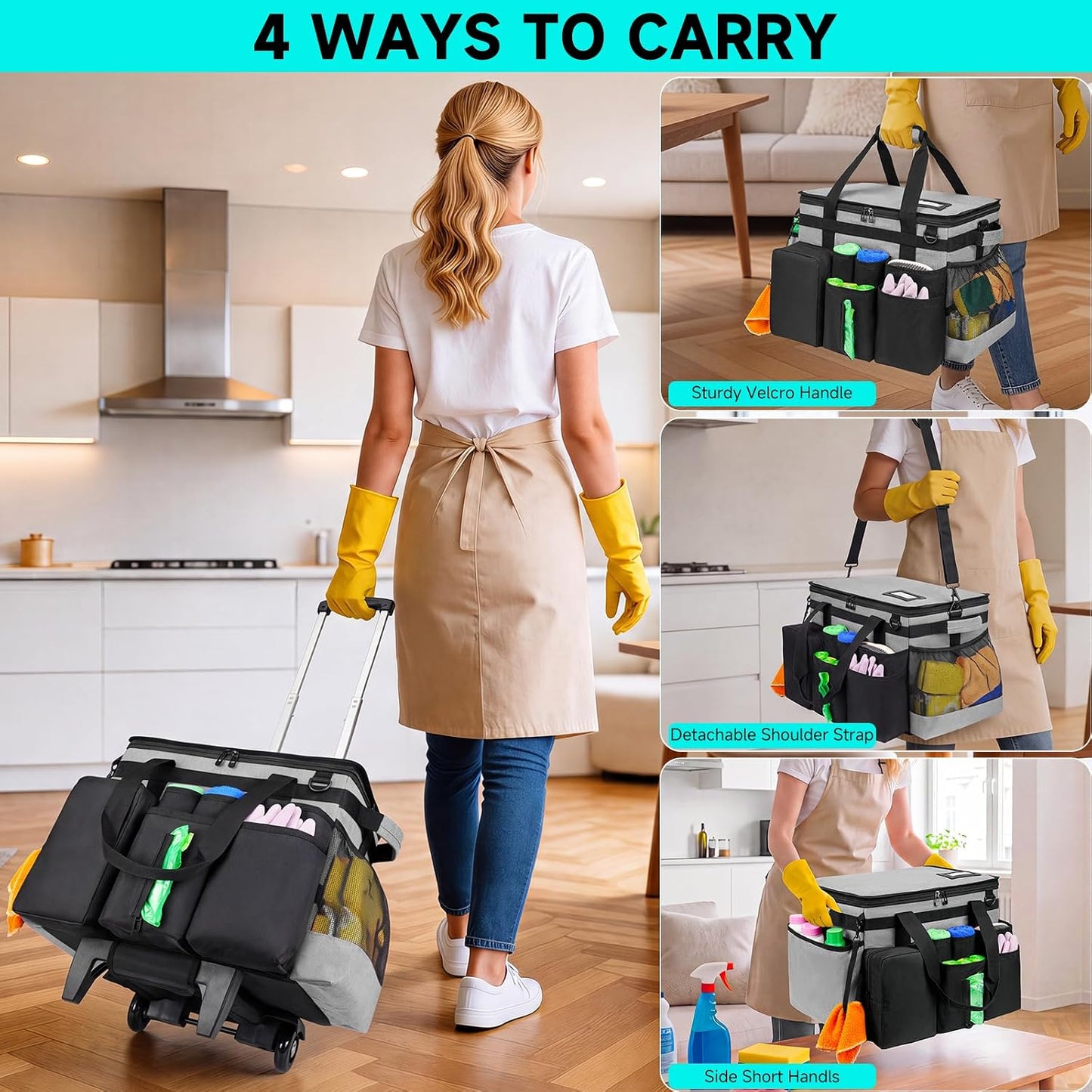 Cleaning Caddy Bag, Extra Large Cleaning Supply Bag for Housekeepers,Black | Sturdy Cleaning Caddy Organizer for Cleaning Supplies with Handle and Adjustable Shouder Strap, Easy to Clean Design