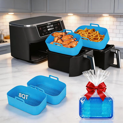 Silicone Air Fryer Liners for Ninja - Reusable DZ201 8QT Dual Basket - Rectangular 2-Pack Vacuum-Packed Easy-Clean Dishwasher-Safe Food-Safe for Home Chefs - Housewarming Gifts