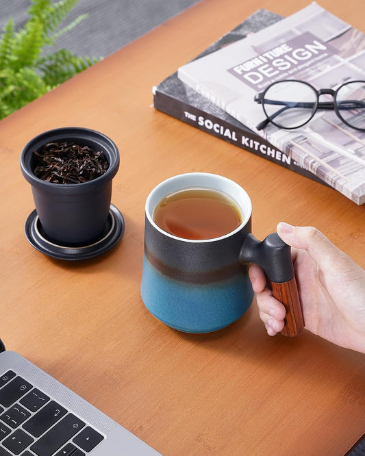 ZENS Tea Mug with Infuser and Lid for Loose Tea Steeper, 14.5oz Blue | Embossed Ceramic Tea Cup with Infuser for Herbal Tea Difussers, Tea Lovers Gifts, Modern Organic Wood Handle