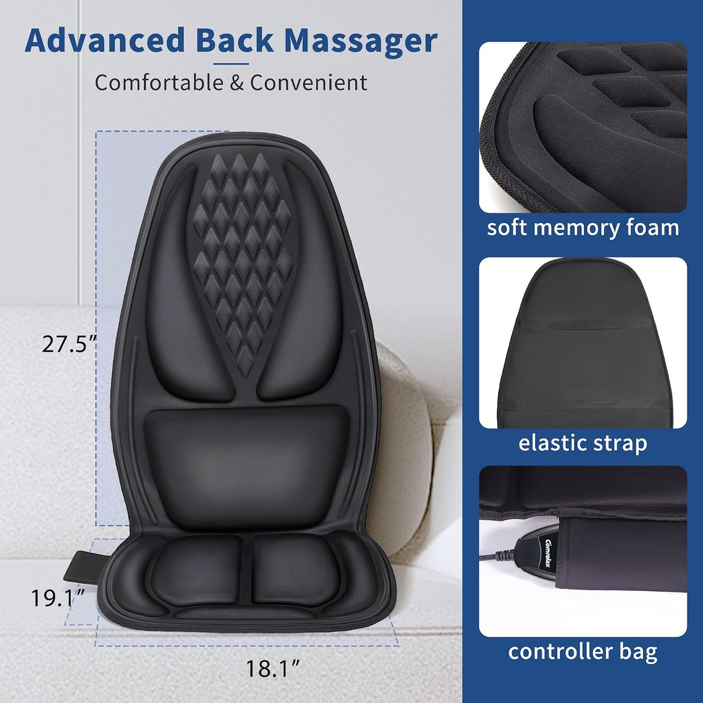 Vibration Massage Seat Cushion with Lumbar Heat, 8-Motor Back and Seat Massager Pad, Manual Lumbar Support, 9 Modes and 3 Intensities for Office Chair, Sofa and Recliner