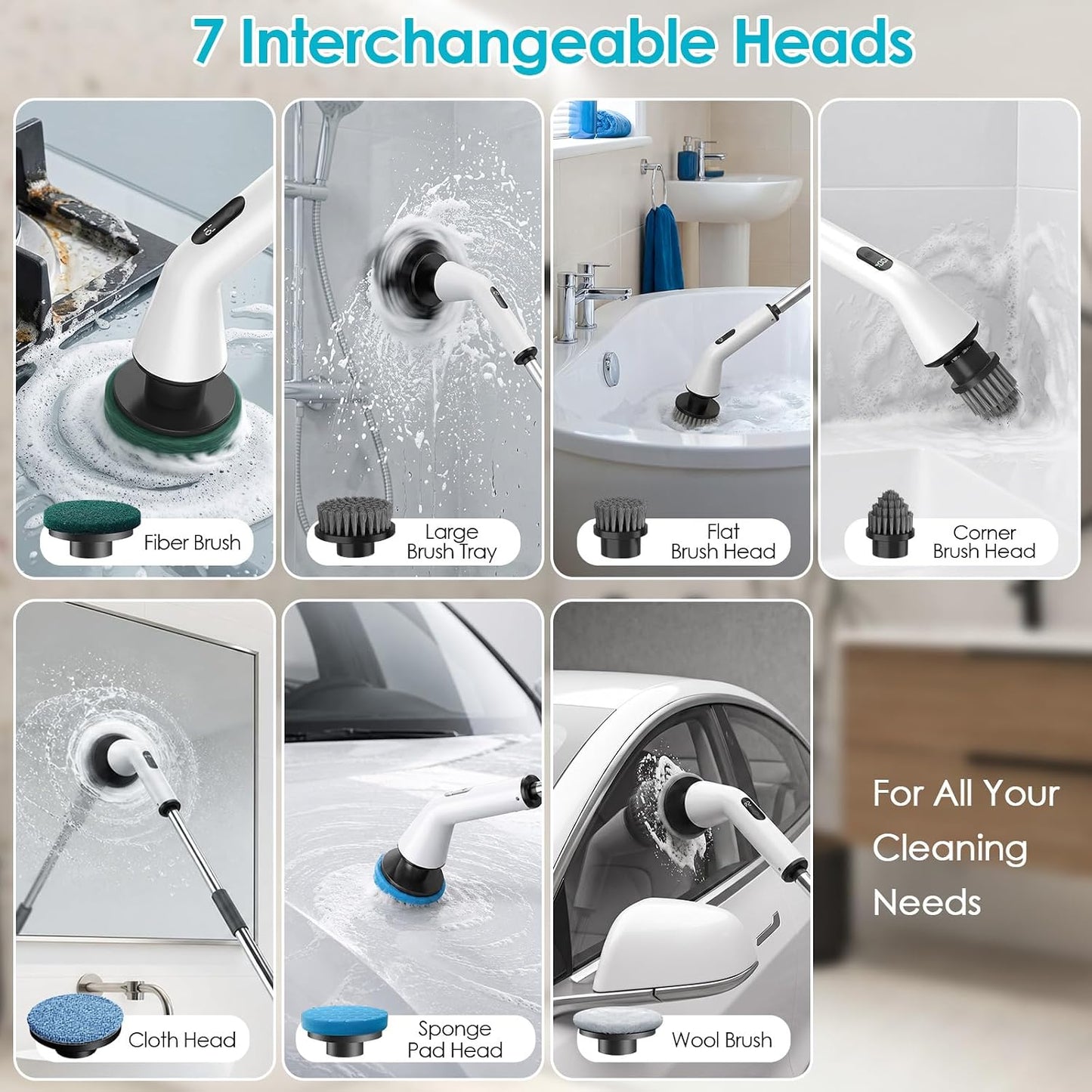 Electric Spin Scrubber for Bathroom,Power Cleaning Brush with 7 Replaceable Brush Heads, Adjustable Long Handle, Cordless Electric Shower Scrubber for Home, Floor, Kitchen & Car