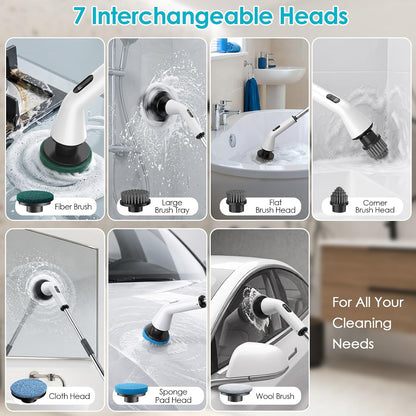 Electric Spin Scrubber for Bathroom,Power Cleaning Brush with 7 Replaceable Brush Heads, Adjustable Long Handle, Cordless Electric Shower Scrubber for Home, Floor, Kitchen & Car