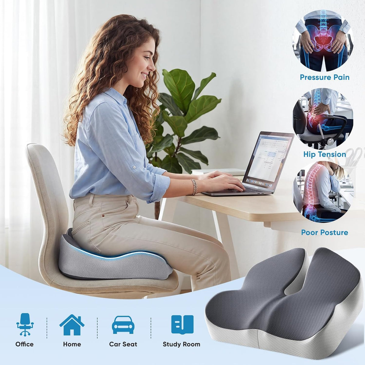 Office Chair Seat Cushion, Adjustable Height Memory Foam Cushion with Coccyx Cutout,Thick Ergonomic Seat Pad for Long Sitting, Tailbone Support for Desk Chair, Washable Cover