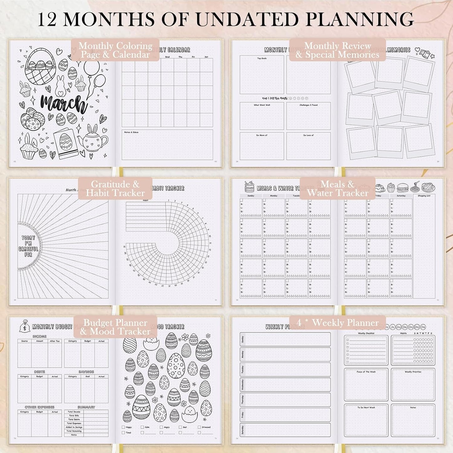 Everloria Premade Dotted Journal Notebook, 12 Months Pre-made Bullet Templates, 260 Hand-Drawn Coloring Pages, Undated Weekly & Monthly Planner, 7.8"x9.3" Linen Dot Grid Habit Mood Tracker, Lilac