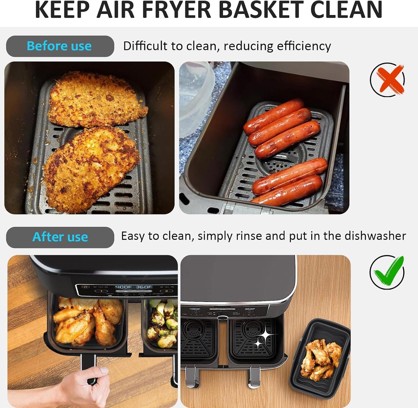 2Pcs Air Fryer Silicone Liners with Magnetic Cheat Sheet, 8-10 QT, Grey | 2 Pack, Reusable, Replacement Basket Bowl, Collapsible Baking Tray, Air Fryer Accessories