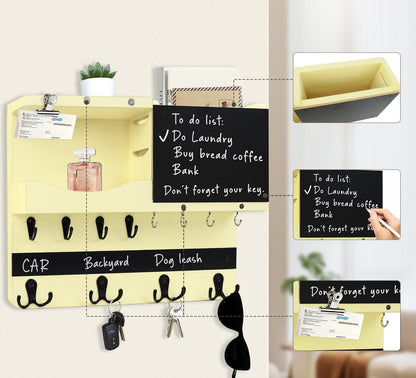 Key Holder for Wall Mount with Shelf and Mail Organizer, Key and Mail Holder with 16 Hooks, Farmhouse Entryway Organizer, Home Decor Rack (Pine Wood, White Washed)