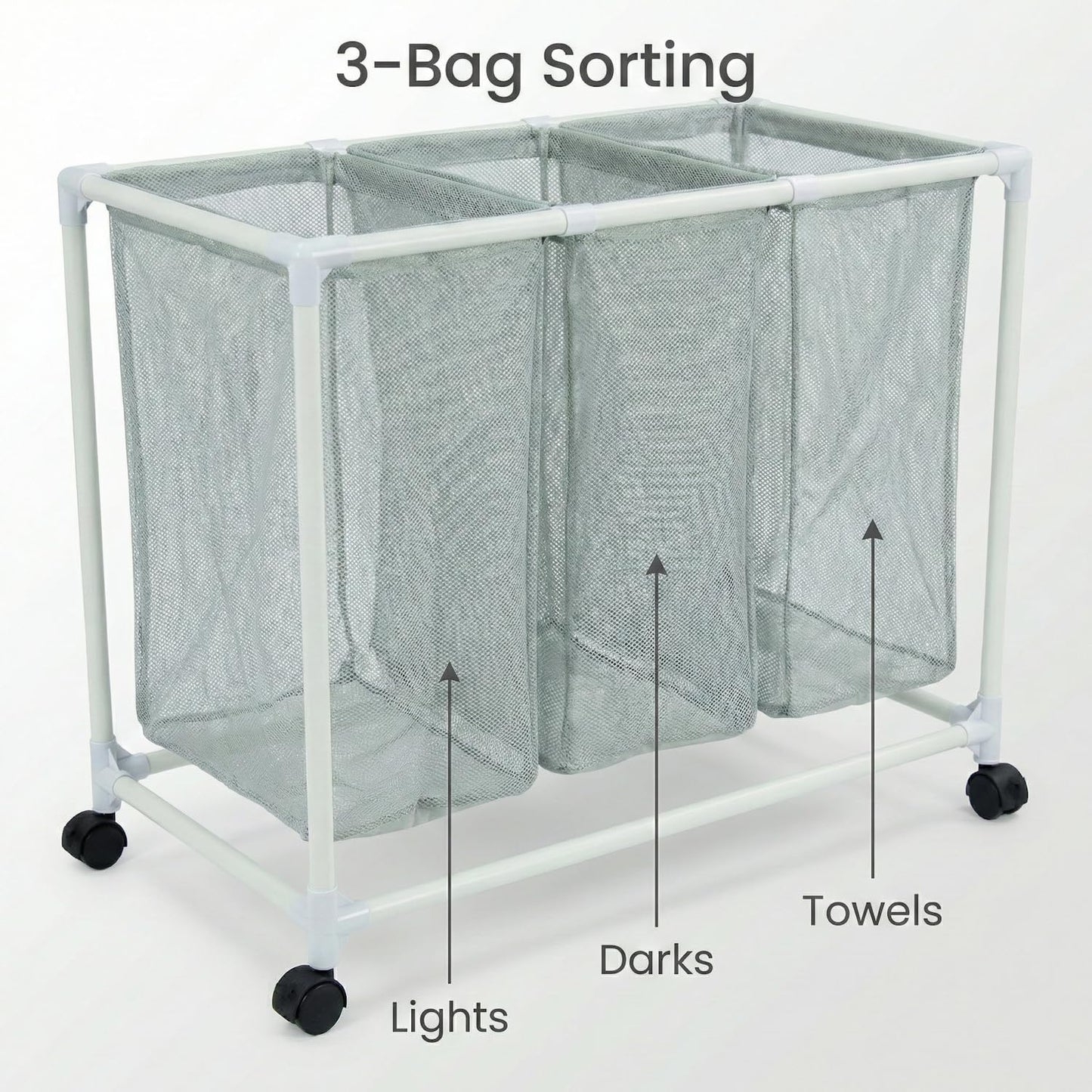 3 Section Laundry Hamper with Wheels & Lid, Large Rolling Laundry Basket Organizer, Durable Mesh Bags for Laundry Room Organizer, Easy Assembly, 29.5L x 19W x 30.5H Inches