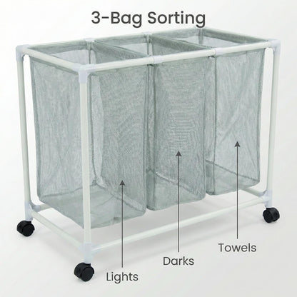 3 Section Laundry Hamper with Wheels & Lid, Large Rolling Laundry Basket Organizer, Durable Mesh Bags for Laundry Room Organizer, Easy Assembly, 29.5L x 19W x 30.5H Inches