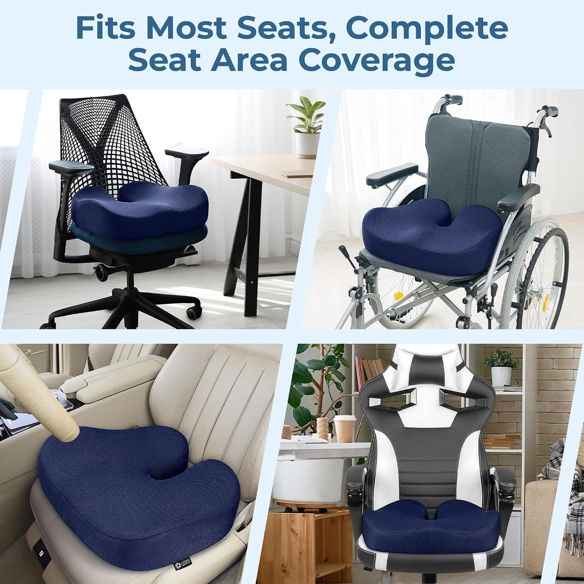 5 STARS UNITED Seat Cushion - Memory Foam Chair Cushion for Tailbone Pain Relief - Ergonomic Support for Coccyx, Sciatica & Butt - Office, Desk & Gaming Chair, Car Seat, Wheelchair, Airplane, Black