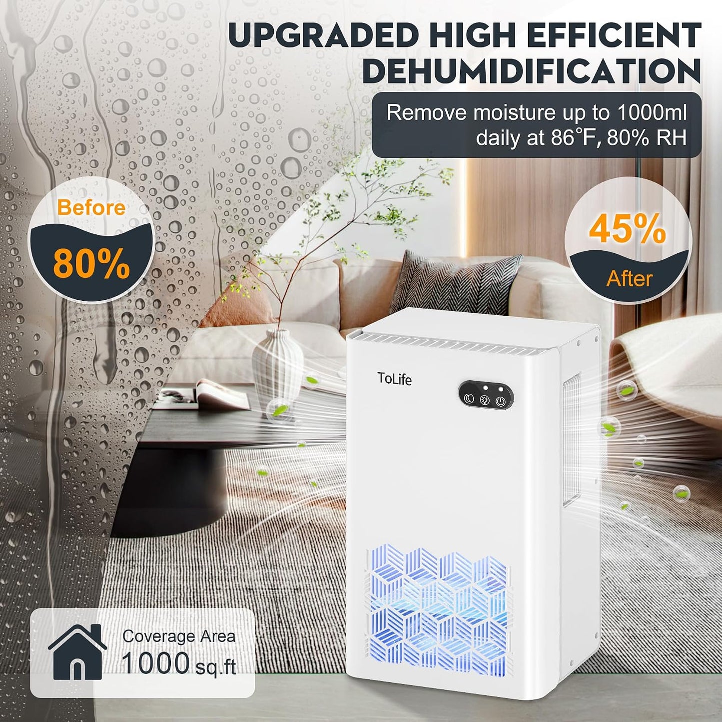 ToLife Dehumidifier for Home, 1000 sq.ft Dehumidifiers for Bedroom Bathroom Basement with 95 OZ Water Tank, Auto Shut Off 7 Colors LED Light, White Black
