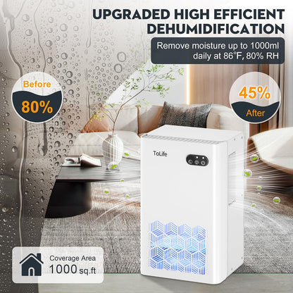 ToLife Dehumidifier for Home, 1000 sq.ft Dehumidifiers for Bedroom Bathroom Basement with 95 OZ Water Tank, Auto Shut Off 7 Colors LED Light, White Black